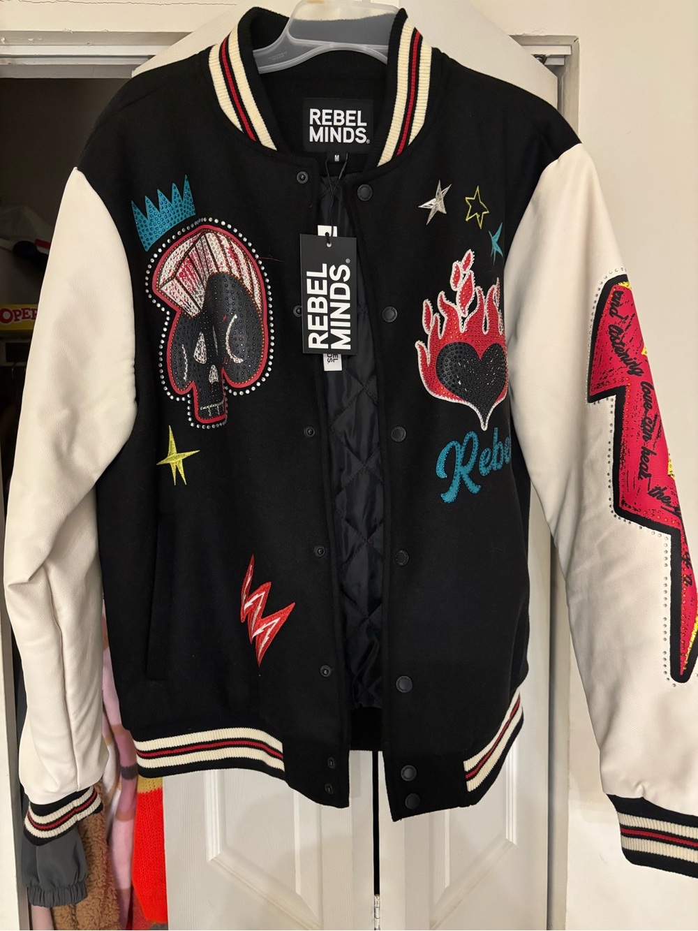 Rebel Minds Black & White Embroidered Varsity Jacket